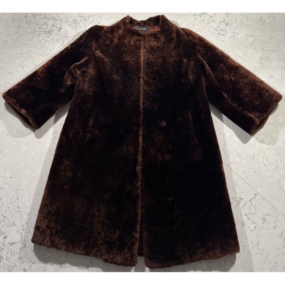 VTG 60s Brozmans Williamsport Faux Mouton Fur Mod Coat Womens XL Brown